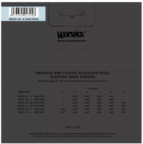 Cuerdas para Bajo WARWICK EMP – 4-Cuerdas, Medium Light, .040-.100 Acero Inoxidable